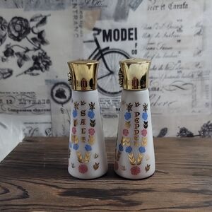 Vintage Milk Glass Mary & Jesus Prayer Gold and White Salt and Pepper Shakers